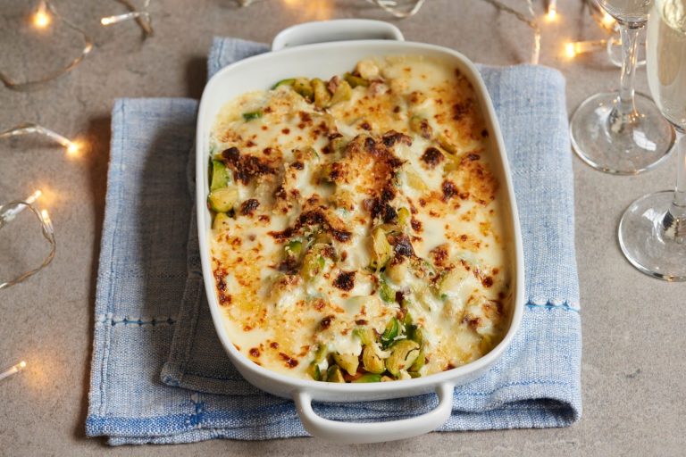 IDEAL FOR CHRISTMAS LEFTOVERS: SPROUT, LEEK & HAZELNUT GRATIN WITH MATURE CHEDDAR CHEESE