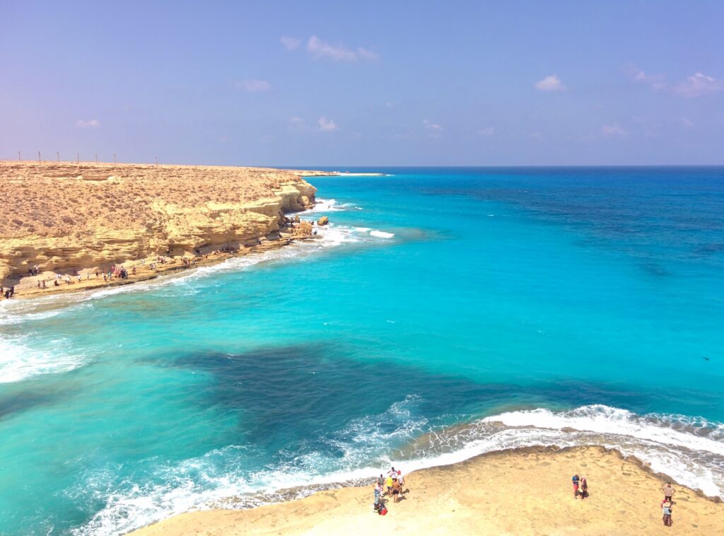 Panoramic view from the cliffs and beach of Agiba rock in Marsa Matrouh, Egypt